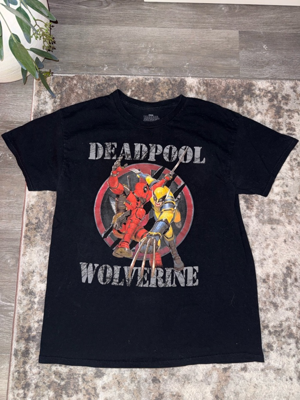 Marvel Black Tee with Red & Yellow Deadpool and Wolverine Graphic